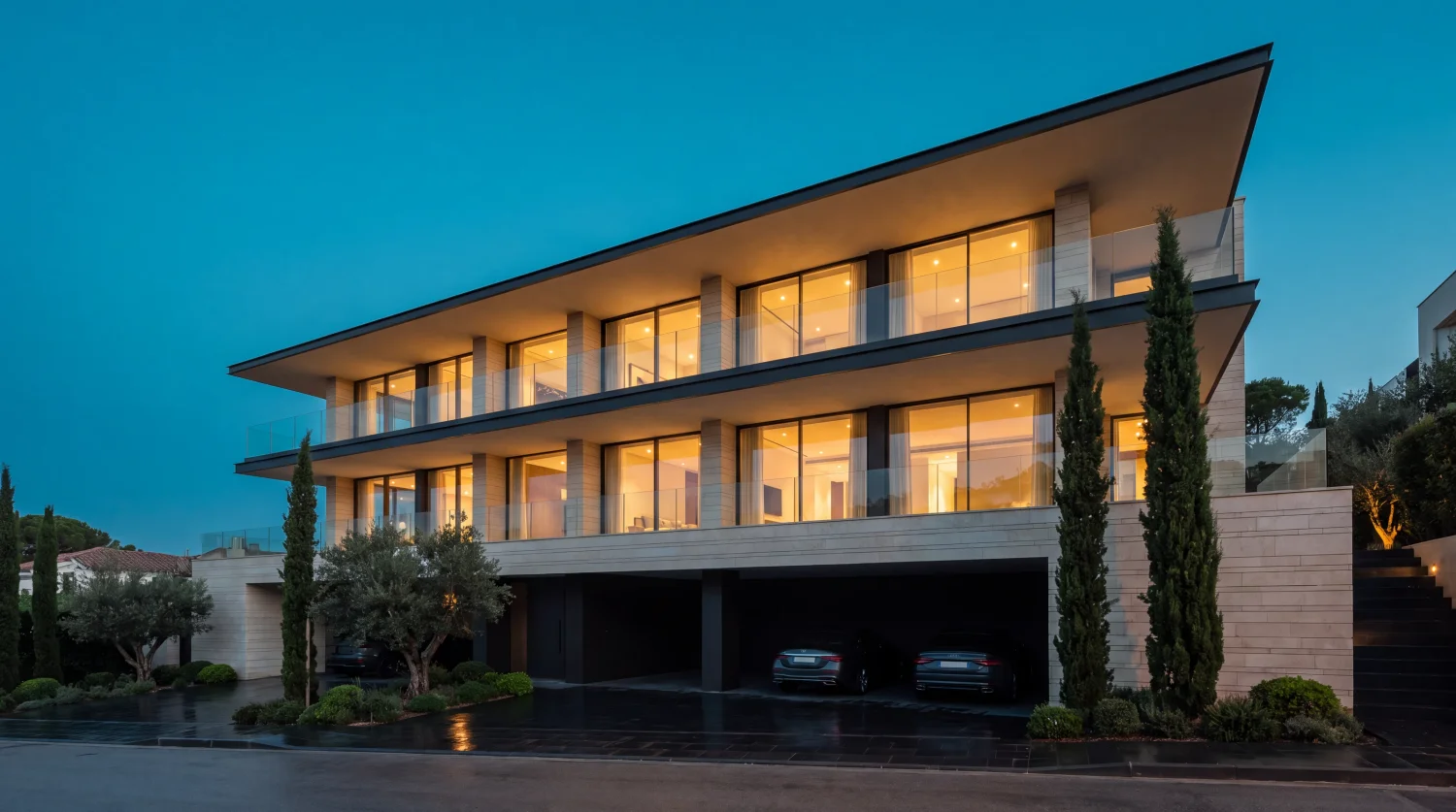 VAN Corporation three-storey villa concept in the Cyprus Modern style — one of four styles — at dusk