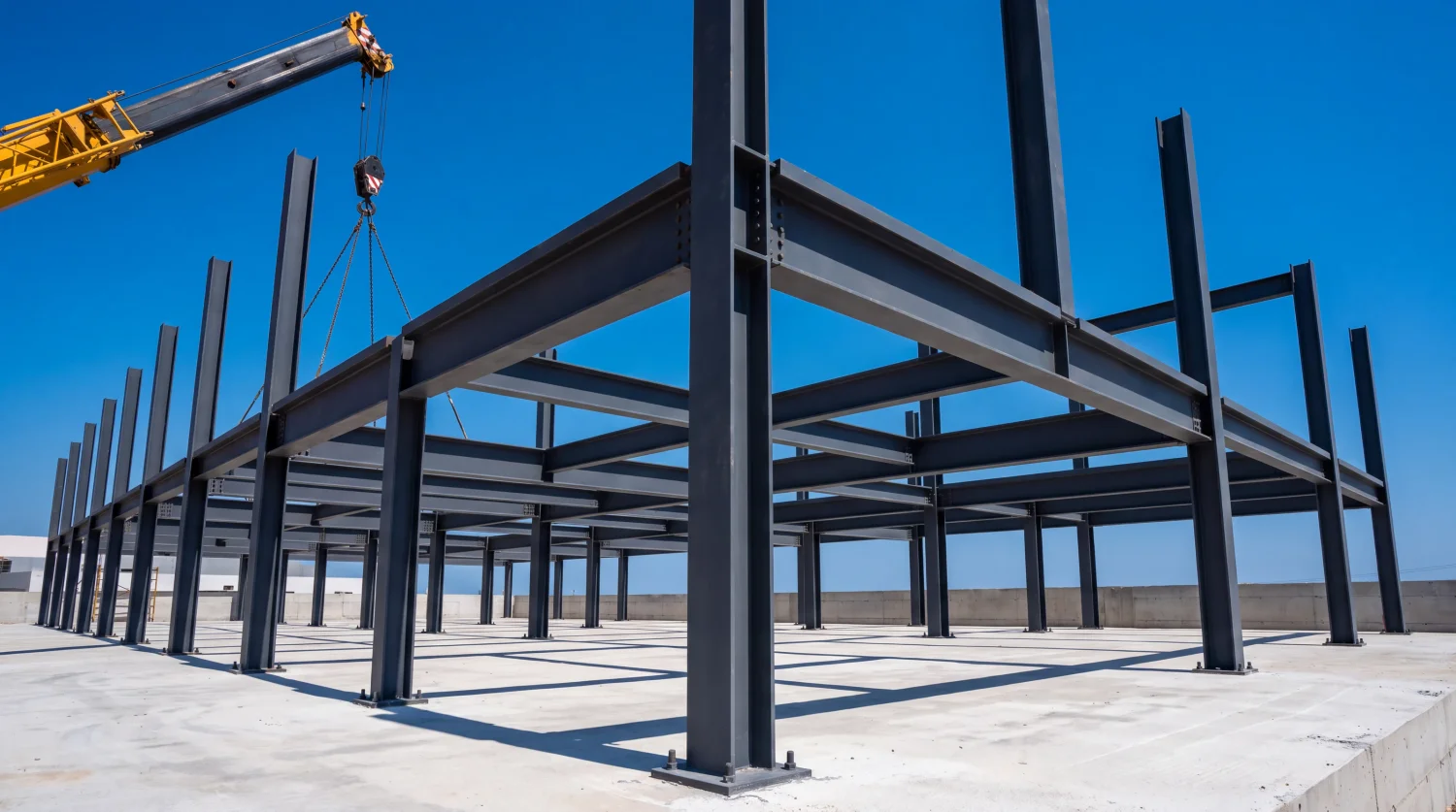 Heavy steel frame with 200x200 mm columns under assembly