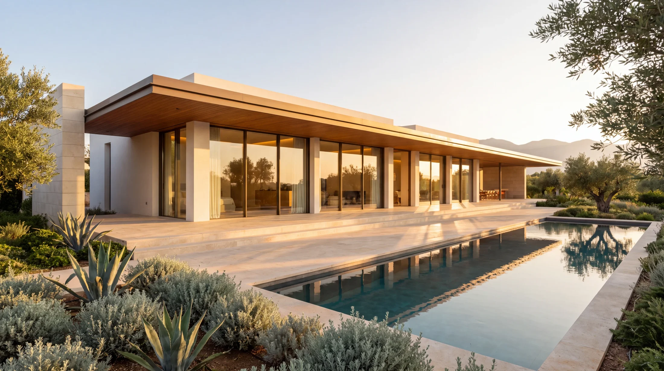 Single-storey VAN villa concept at golden hour