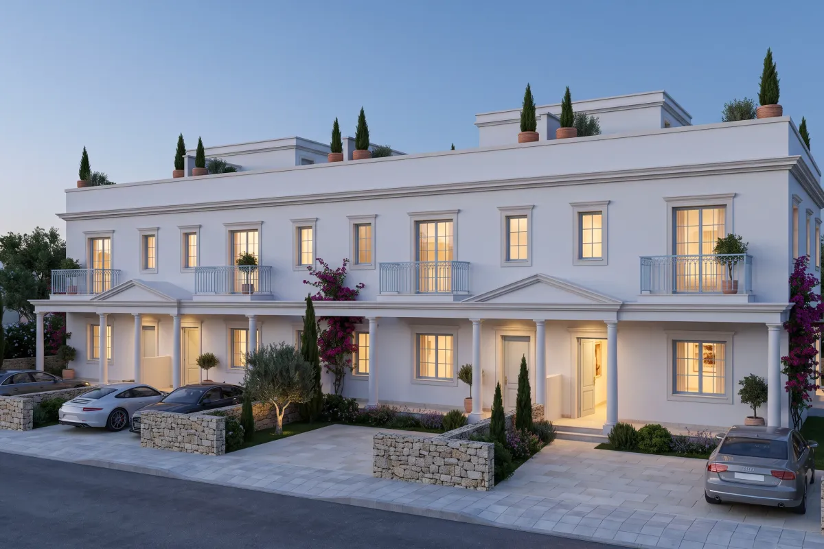 Four attached white two-storey townhouses behind a shared Ionic portico, pale-blue railings and cypress trees on the roof terraces