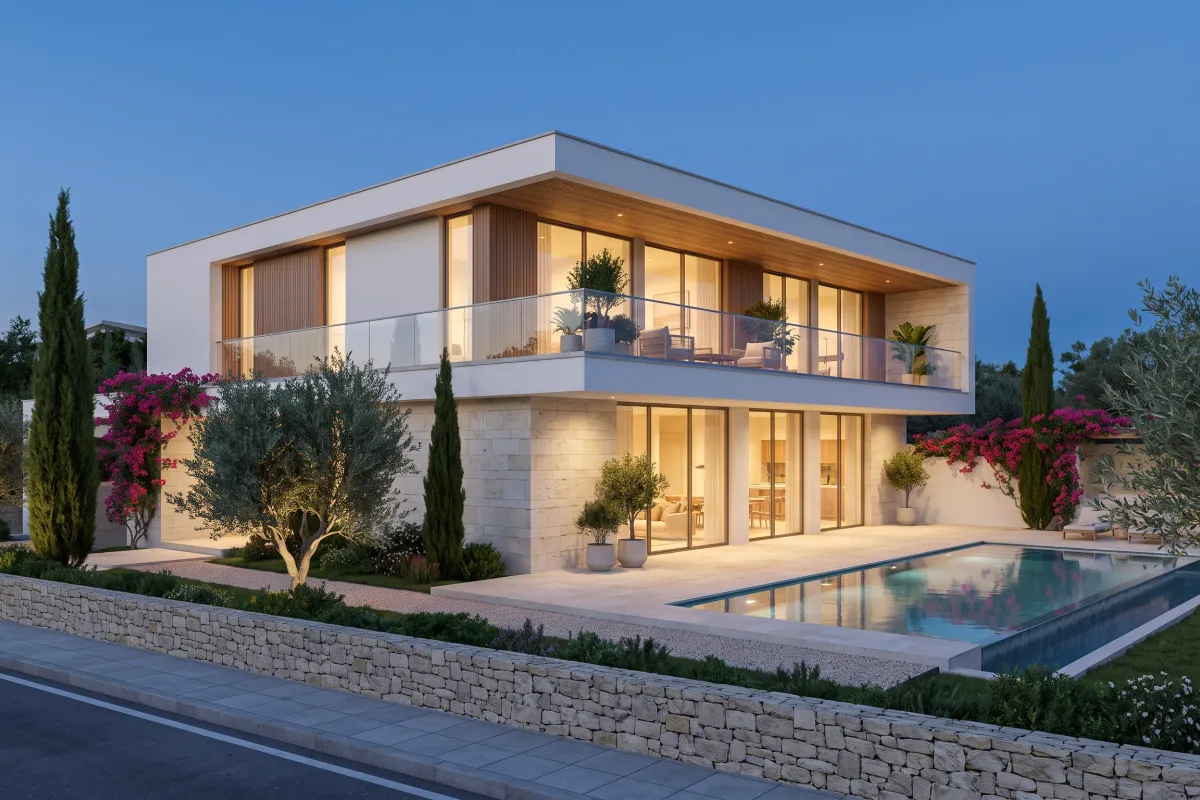 Two-storey villa in limestone and timber with a full-width upper terrace and a linear pool in front of the living room