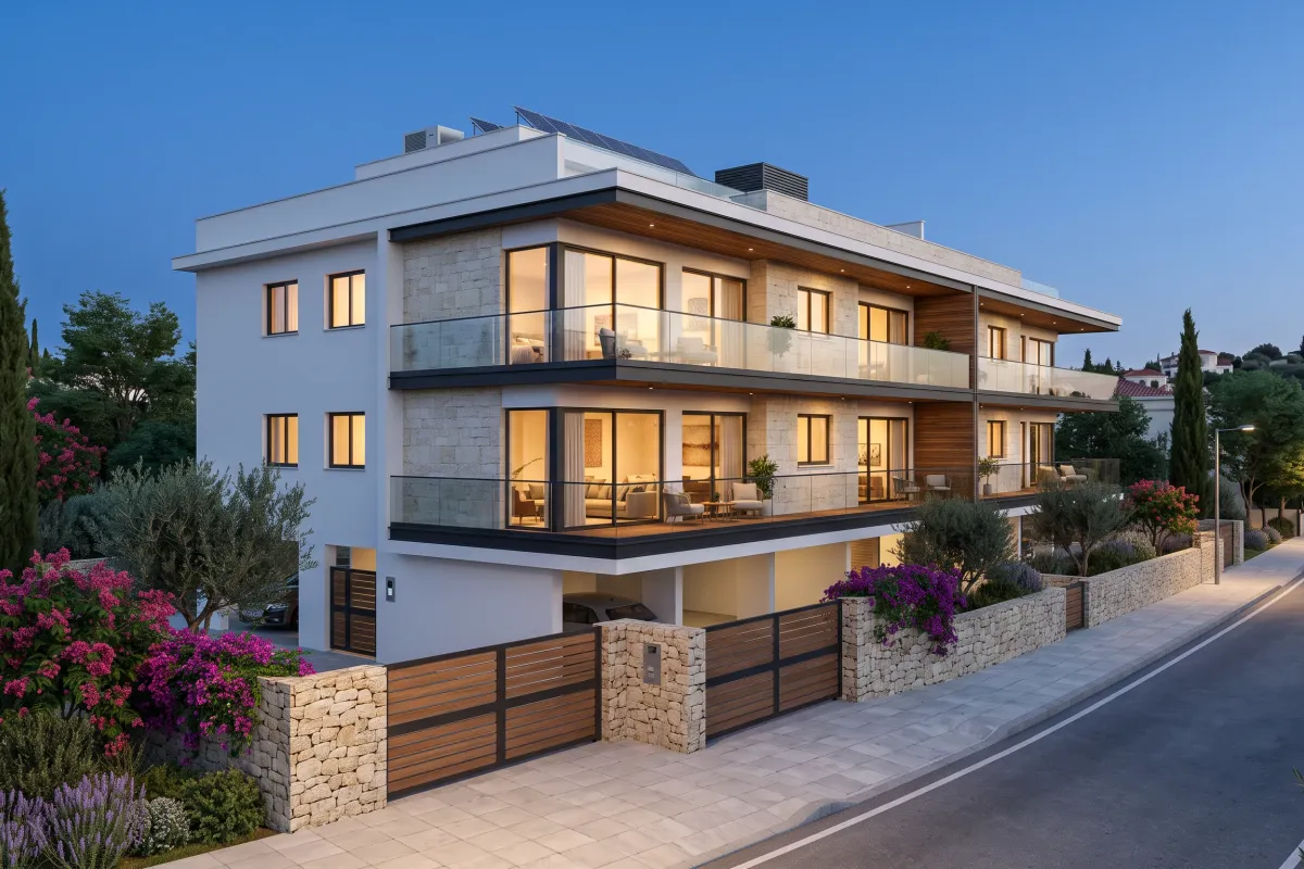 Three-storey modern apartment building over covered parking, stone-clad terraces and timber soffits, solar panels on the roof