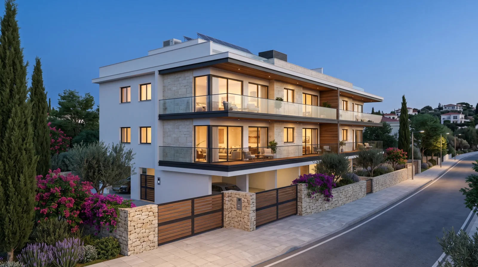 Garden Apartments — the stone-clad terraces seen from the garden
