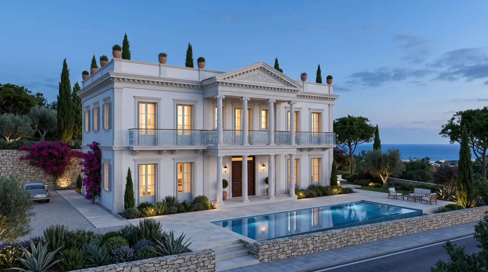 Colonnade Villa — the full-height Ionic portico and the pool at dusk