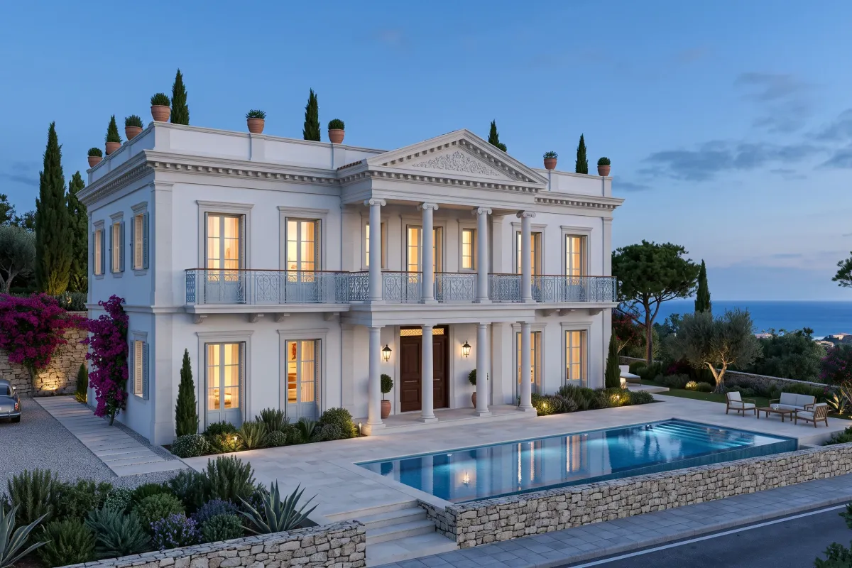 White two-storey villa behind a full-height Ionic portico, a pediment over the door, pale-blue railings, cypress trees in terracotta pots on the roof and a pool in front