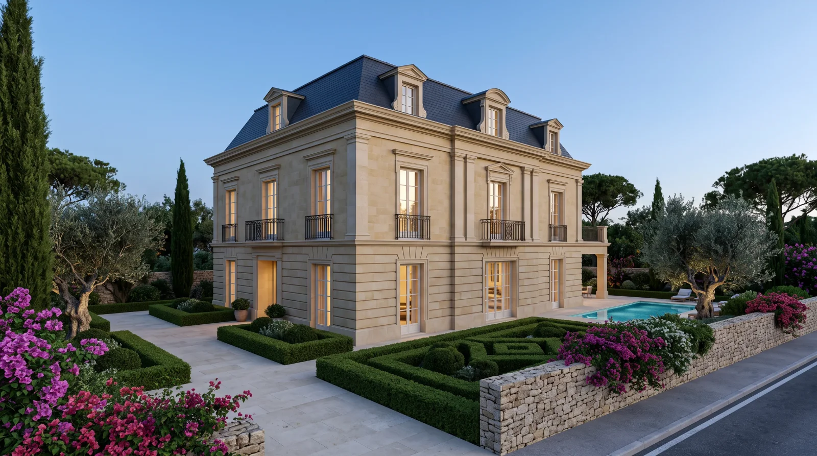 Manor Villa — the slate mansard and the wrought-iron balconies at dusk