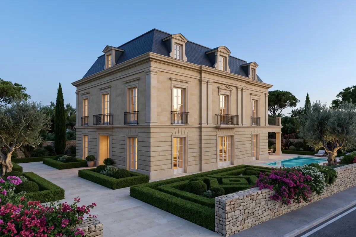 Two-storey limestone villa under a slate mansard roof, French windows with keystones, wrought-iron balconies, clipped hedges and a pool