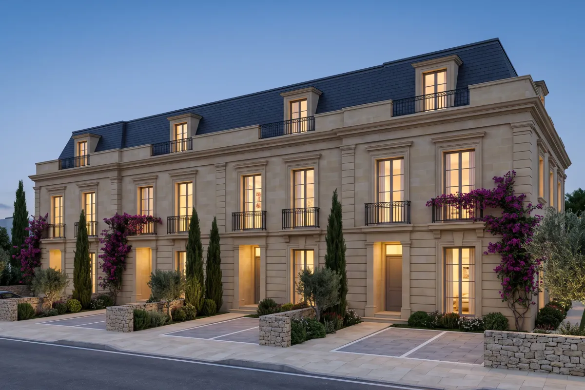 Four attached two-storey limestone townhouses with a rusticated ground floor, a slate mansard with dormers and wrought-iron balconies