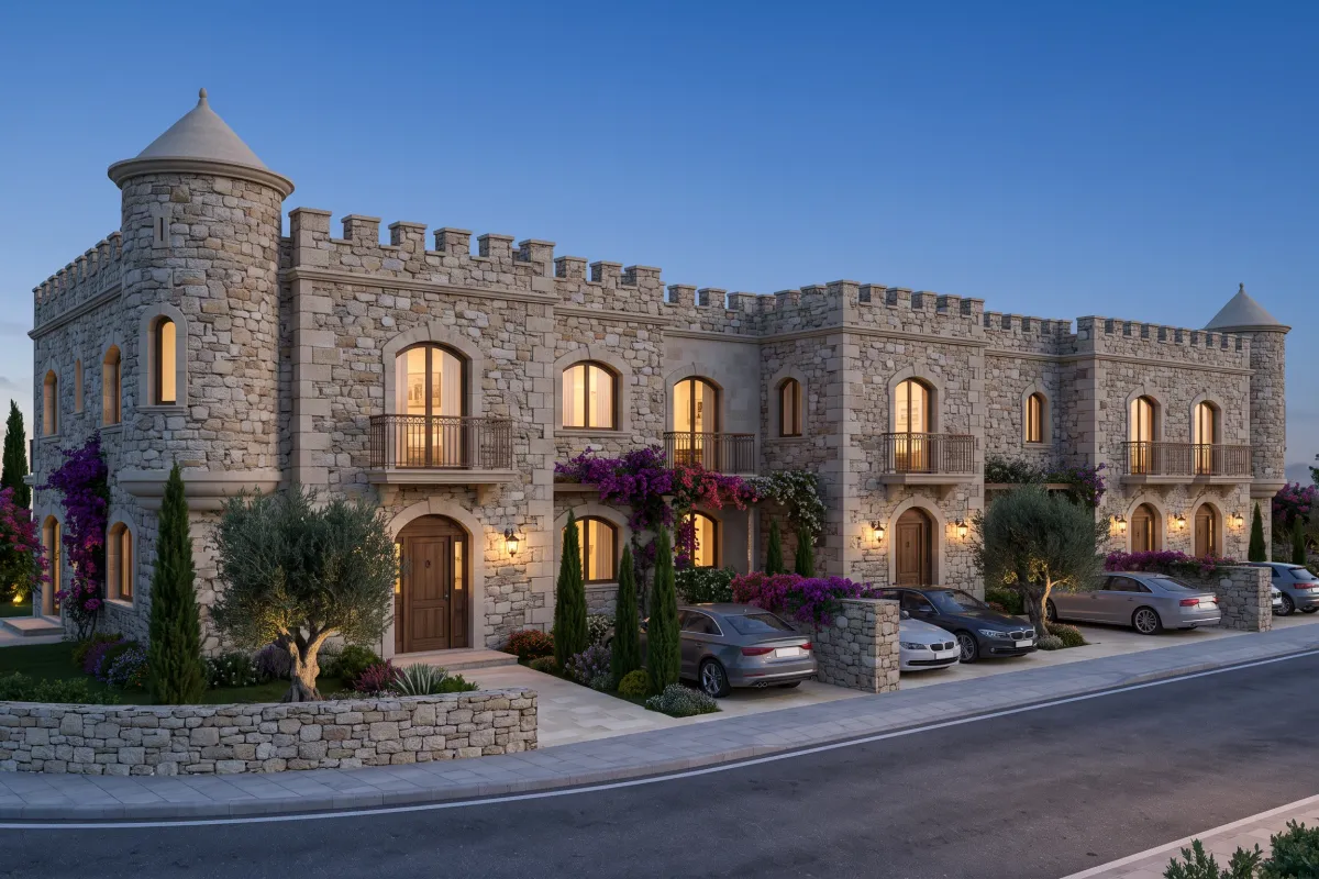 Four attached two-storey stone townhouses with crenellated parapets and a conical turret at each end, arched doors, lanterns and private front gardens